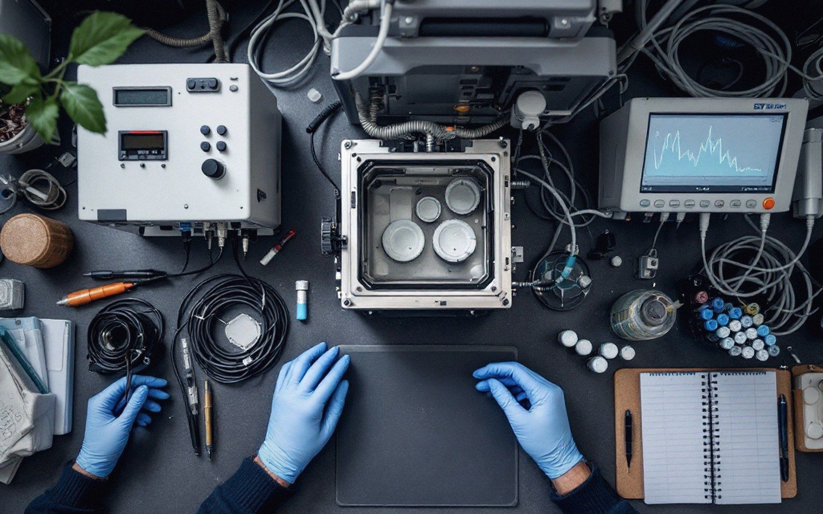 Gloved hands work at a lab bench surrounded by monitors, cables and a sealed testing chamber